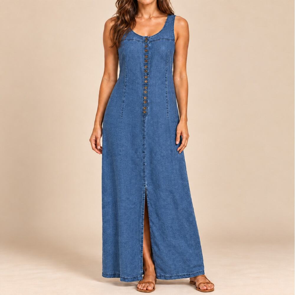 Liz Claiborne 100% Linen Blue Maxi Dress Button Front Tie Back Size 10